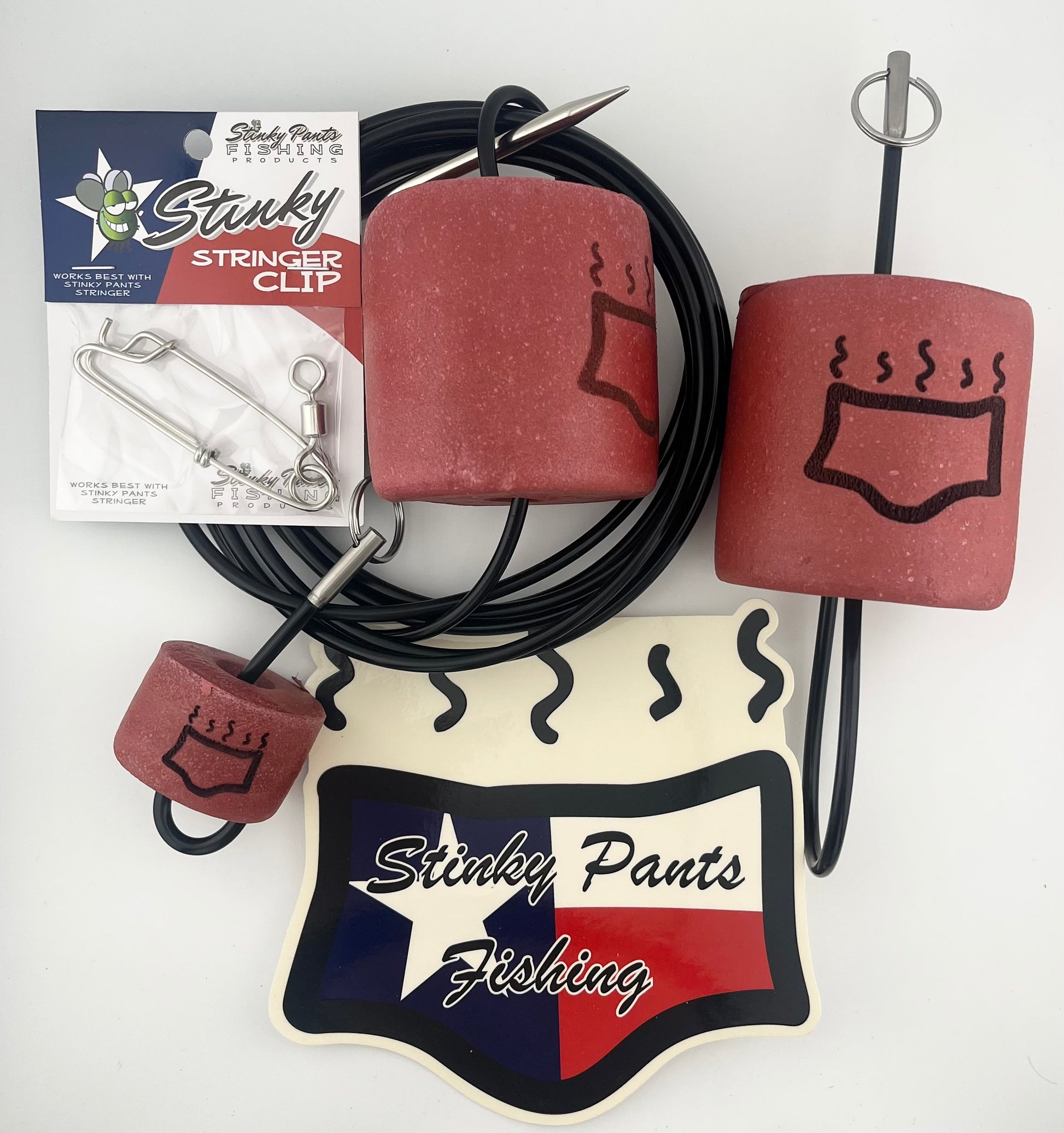 Stinky Pants Fishing stringer clip set with packaging on a white background
